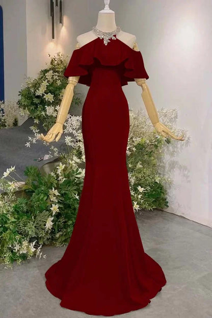 Off-Shoulder Halter Pink Satin Mermaid Gown | Luxury Elegant Ruffle Train Maxi Dress for Gala Ball gh6482