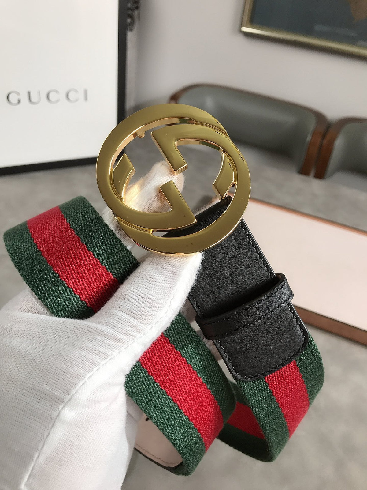 GUCCI’S WEB BELT WITH G BUCKLE GREEN 4CM