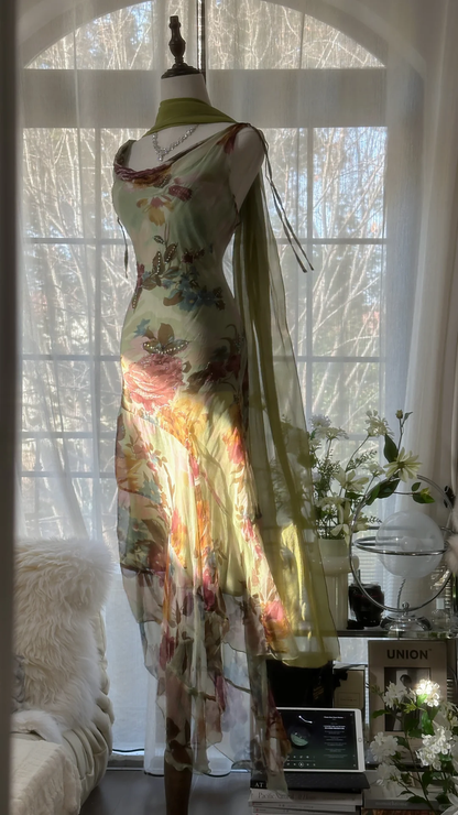 Elegant Green Fairy Gorgeous Floral Long Chiffon Spaghetti Strap Romantic Ball Gown Evening Dress Prom Dresses TP3968