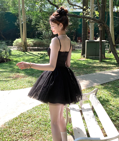 Black mid-length waist a-line suspender dress summer French temperament skirt R4943
