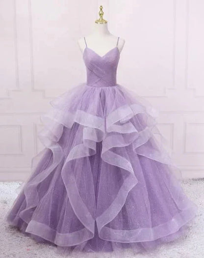 Green/Purple/Blue Fashion Elegant Spaghetti Strap Long Organza Ruffles Ball Gowns Prom Gowns Graduation Gowns Adult Ceremony Gowns