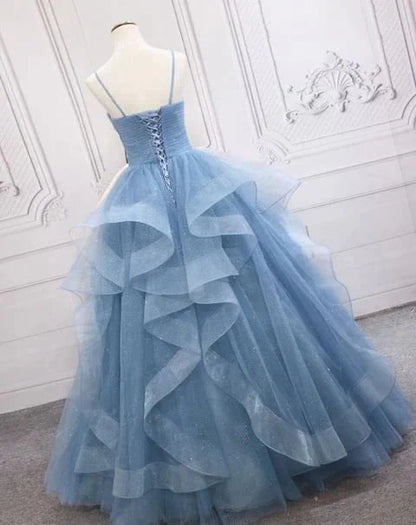 Green/Purple/Blue Fashion Elegant Spaghetti Strap Long Organza Ruffles Ball Gowns Prom Gowns Graduation Gowns Adult Ceremony Gowns