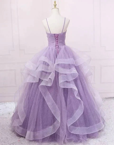 Green/Purple/Blue Fashion Elegant Spaghetti Strap Long Organza Ruffles Ball Gowns Prom Gowns Graduation Gowns Adult Ceremony Gowns