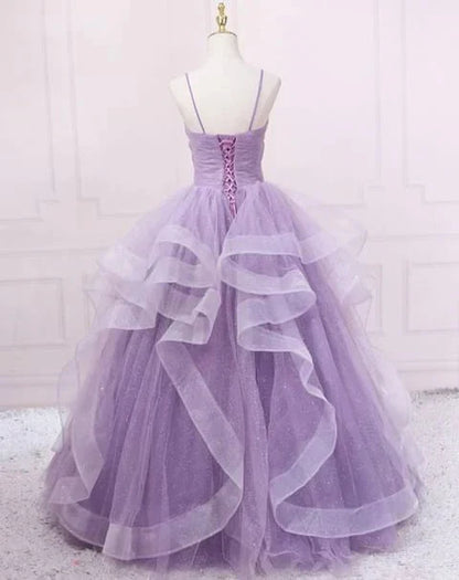 Green/Purple/Blue Fashion Elegant Spaghetti Strap Long Organza Ruffles Ball Gowns Prom Gowns Graduation Gowns Adult Ceremony Gowns