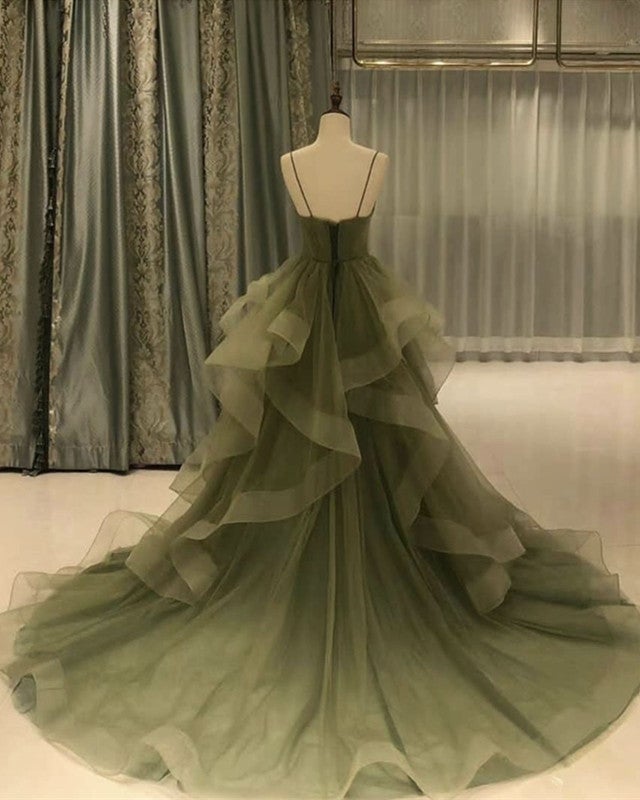 Green/Purple/Blue Fashion Elegant Spaghetti Strap Long Organza Ruffles Ball Gowns Prom Gowns Graduation Gowns Adult Ceremony Gowns
