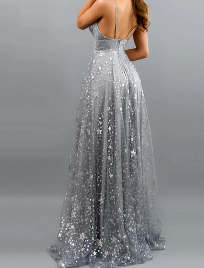 A-Line Prom Dresses Sparkle & Shine Dress Wedding Guest Engagement Sweep / Brush Train Sleeveless V Neck Satin with Pleats Sequin Slit