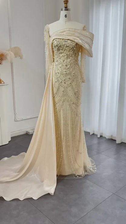 Vintage Shiny Beaded Long-sleeve Mermaid Long Prom Dress Evening Dress TP4565