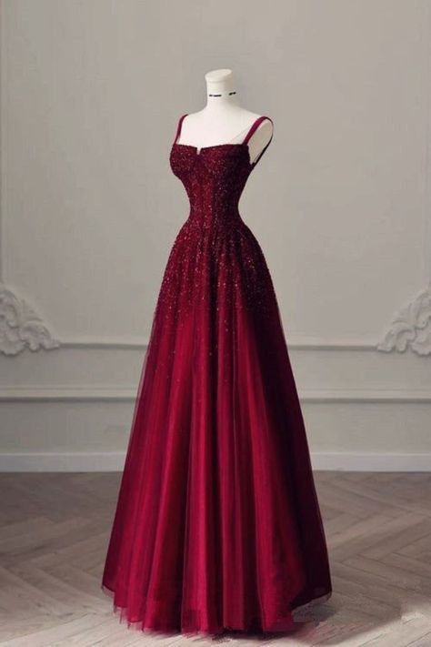 Vintage Burgundy Spaghetti Strap Sweetheart Beaded A-Line Long Prom Dress TP5880