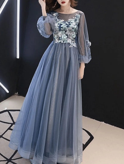 A-Line Prom Dresses Luxurious Dress Valentine's Day Wedding Guest Floor Length Long Sleeve Illusion Neck Tulle with Appliques