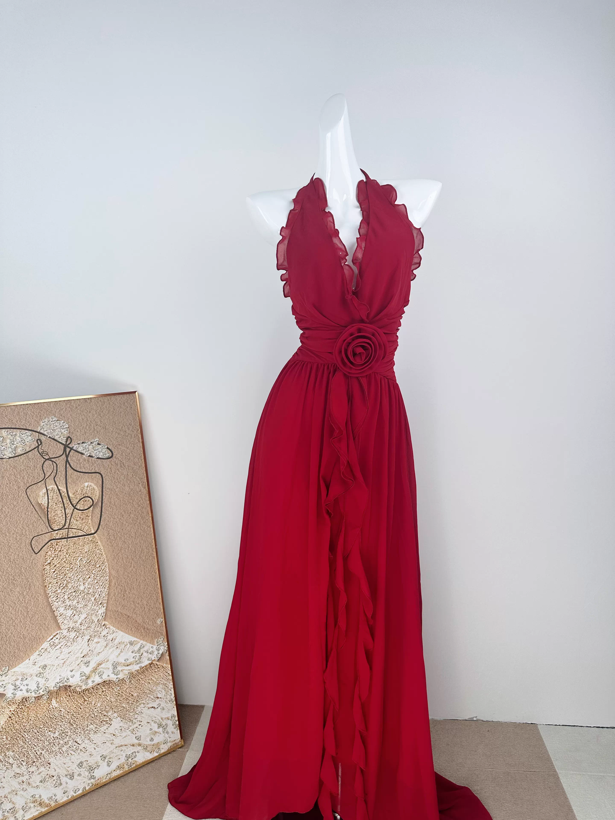 Ethereal Chiffon Halter Neck Evening Gown Floral Prom Dress TP5707