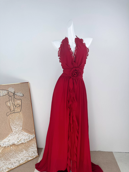 Ethereal Chiffon Halter Neck Evening Gown Floral Prom Dress TP5707