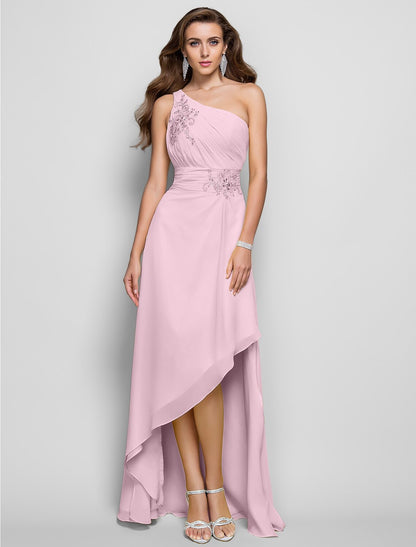 Sheath / Column Elegant Dress Wedding Guest Cocktail Party Asymmetrical Sleeveless One Shoulder Bridesmaid Dress Chiffon with Beading Slit Appliques