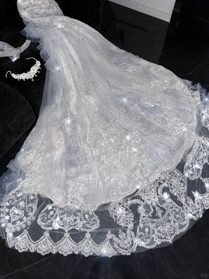 Elegant Sweetheart Lace Tulle Beaded Applique Design Gorgeous Mermaid Floor-length Wedding Dress TP4168