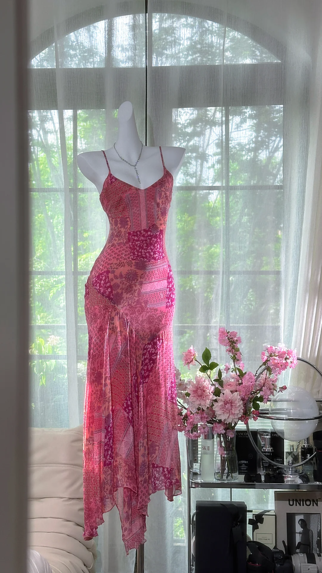 Retro Pink V-neck Floral Elegant Chiffon Evening Dress Prom Dresses TP4145