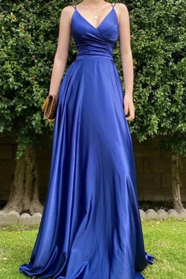 Royal Blue Long Back Thin Shoulder Strap Prom Dress