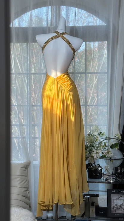 Elegant Yellow Halter-Neck Ruched Mermaid Prom Dress Beaded Chiffon Evening Gown with High Slit TP5735