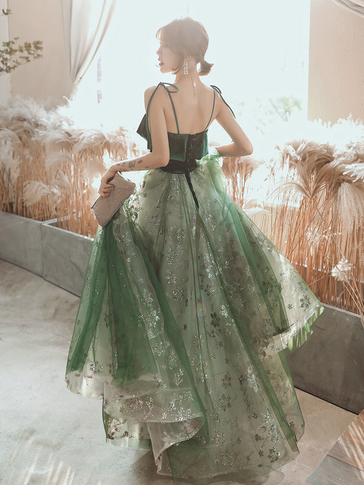 Beautiful Dark Green Straps Tulle With Velvet Prom Dress, Green Prom Gowns Prom Dresses