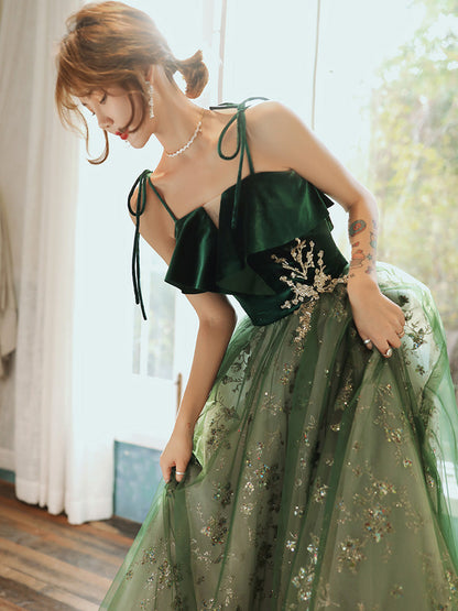 Beautiful Dark Green Straps Tulle With Velvet Prom Dress, Green Prom Gowns Prom Dresses