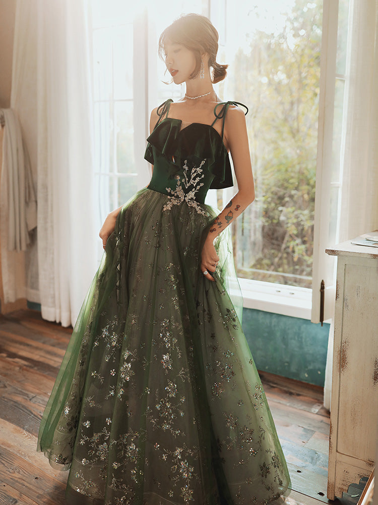 Beautiful Dark Green Straps Tulle With Velvet Prom Dress, Green Prom Gowns Prom Dresses
