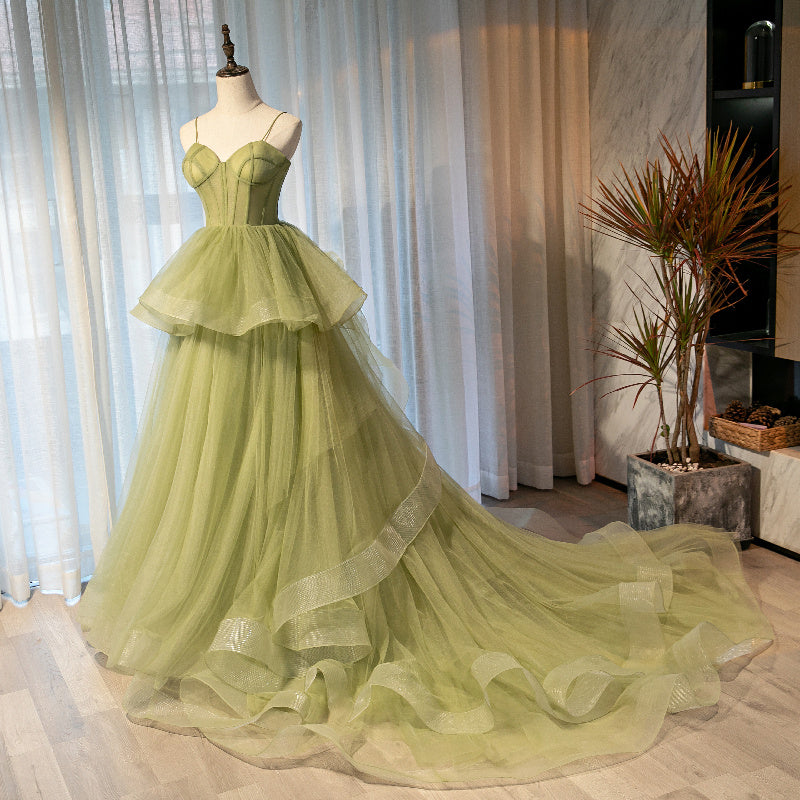 Beautiful Light Green Sweetheart Layers Princess Prom Gowns, Green Tulle Long Prom Dresses