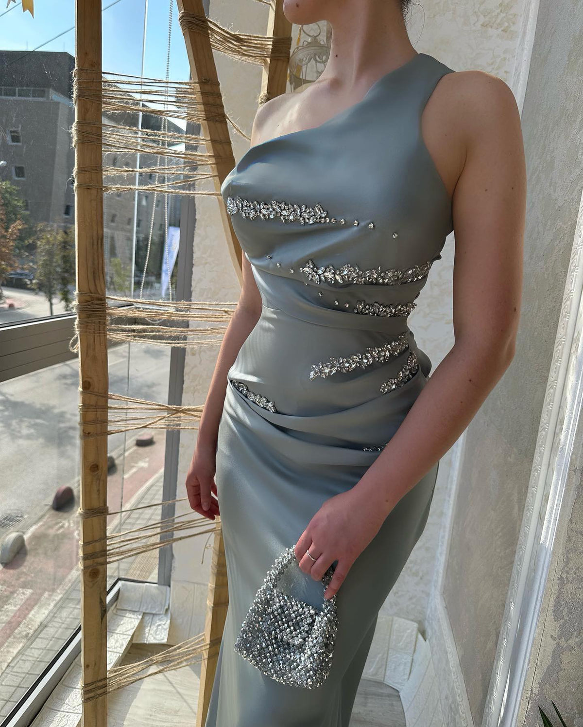 Silver rhinestone mermaid sleeveless long evening dress