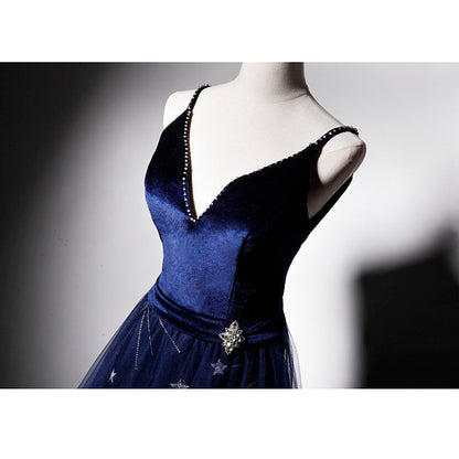 Beautiful Navy Blue Straps Velvet Long Prom Dresses, Tulle Blue Prom Gowns