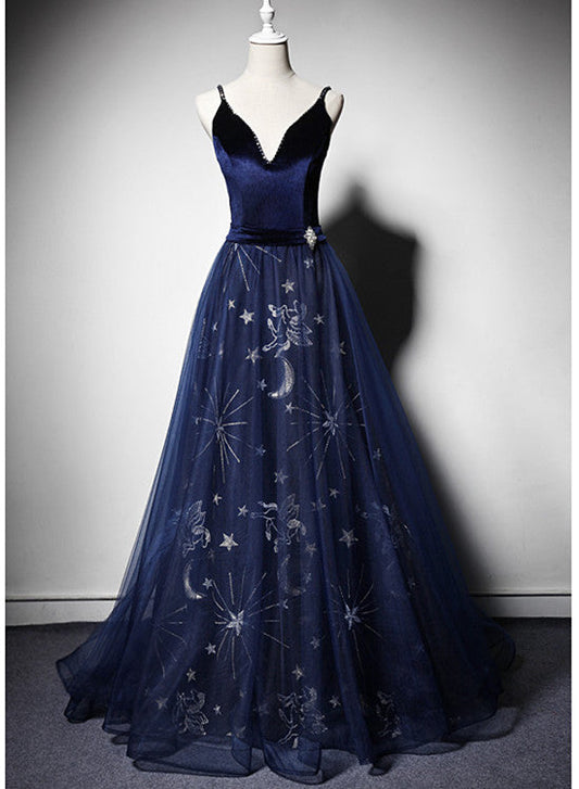 Beautiful Navy Blue Straps Velvet Long Prom Dresses, Tulle Blue Prom Gowns