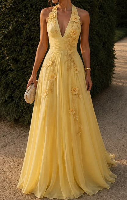 Vintage Yellow Halter-Neck Chiffon Long Prom Dress 3D Floral Appliques A-Line Evening Gown TP5894