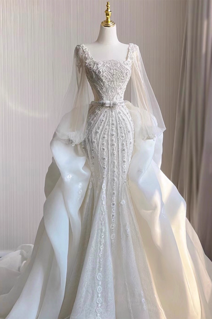 Elegant White Glittering Beaded Mermaid Long Wedding Dress TP5019
