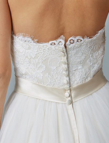 A-Line Wedding Dresses Sweetheart Neckline Court Train Lace Tulle Sleeveless Wedding Dress in Color with Sash / Ribbon Buttons