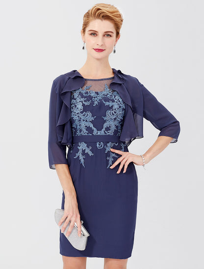 Sheath / Column Mother of the Bride Dress Formal Classic & Timeless Elegant & Luxurious Convertible Dress Illusion Neck Knee Length Chiffon 3/4 Length Sleeve yes with Sash / Ribbon