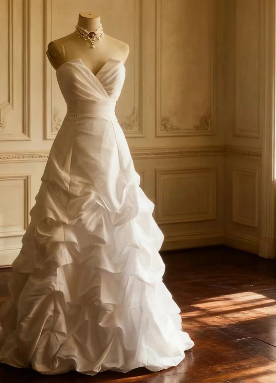 Romantic Ivory Strapless Ball Gown Cascading Ruffled A-Line Wedding Dress TP5644