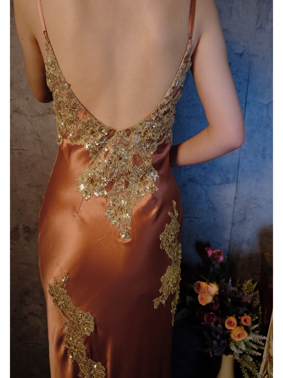 Vintage Champagne Sparkling Beaded Spaghetti Strap Design Elegant Satin Evening Dress Prom Dress TP4029