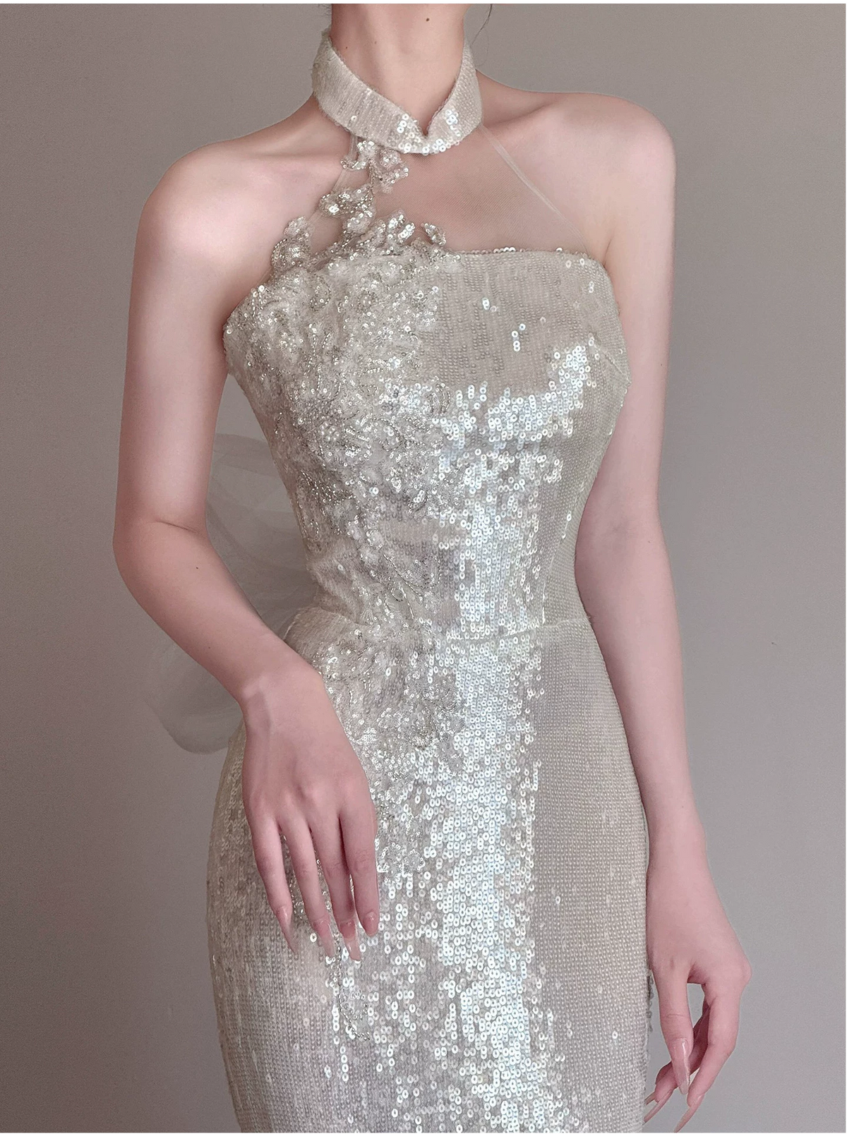 Glamorous White Sequined Halter-Neck Mermaid Prom Dress TP5874
