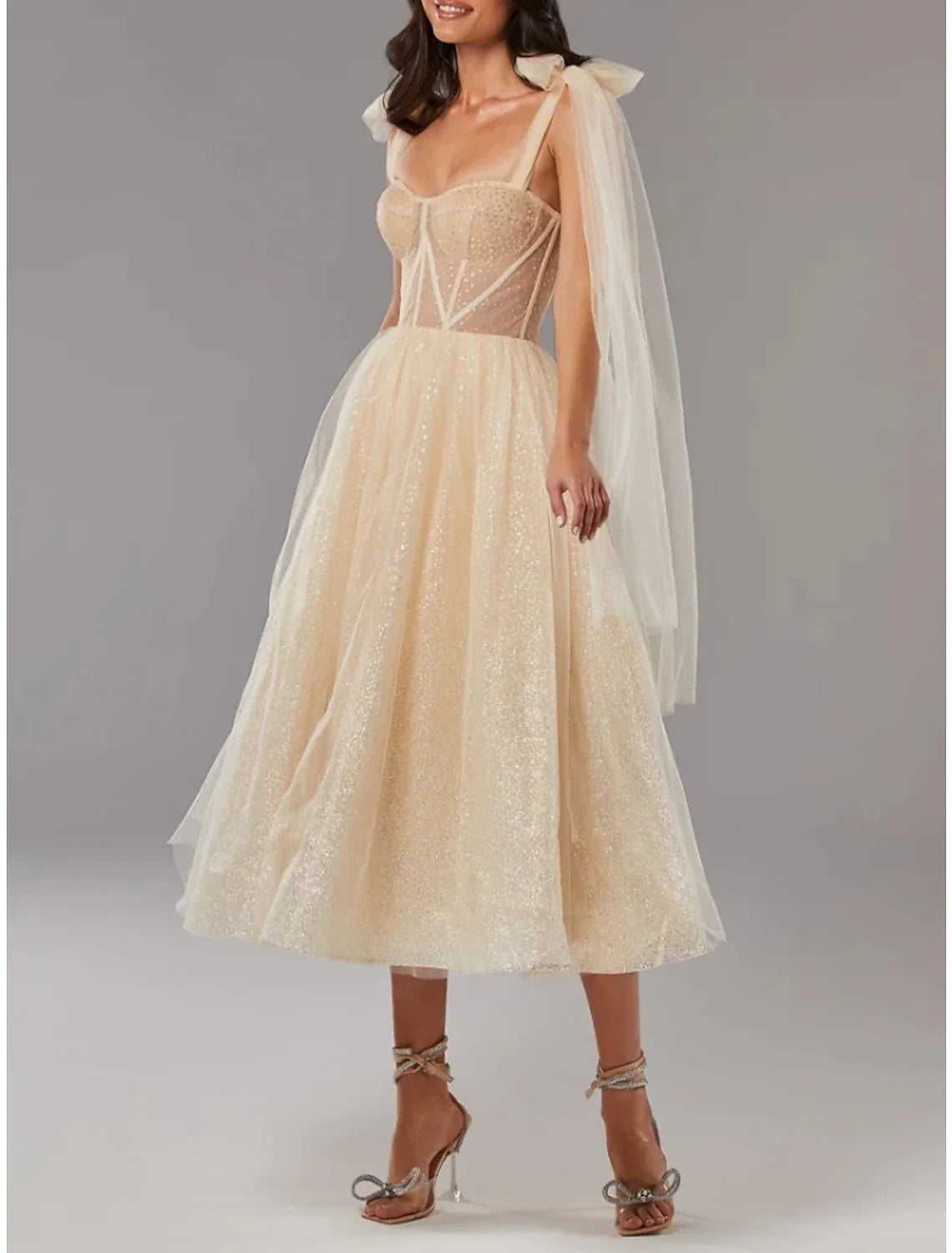 A-Line Prom Dresses Elegant Dress Formal Tea Length Sleeveless Sweetheart Tulle with Pleats Sequin 2026