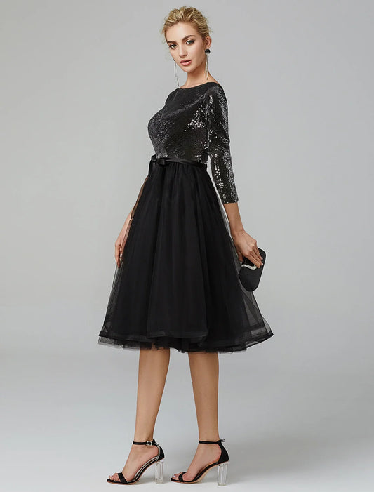 A-Line Cocktail Dresses Sparkle & Shine Dress Formal Wedding Guest Tea Length 3/4 Length Sleeve Jewel Neck Fall Wedding Guest Tulle with Sequin Strappy 2026
