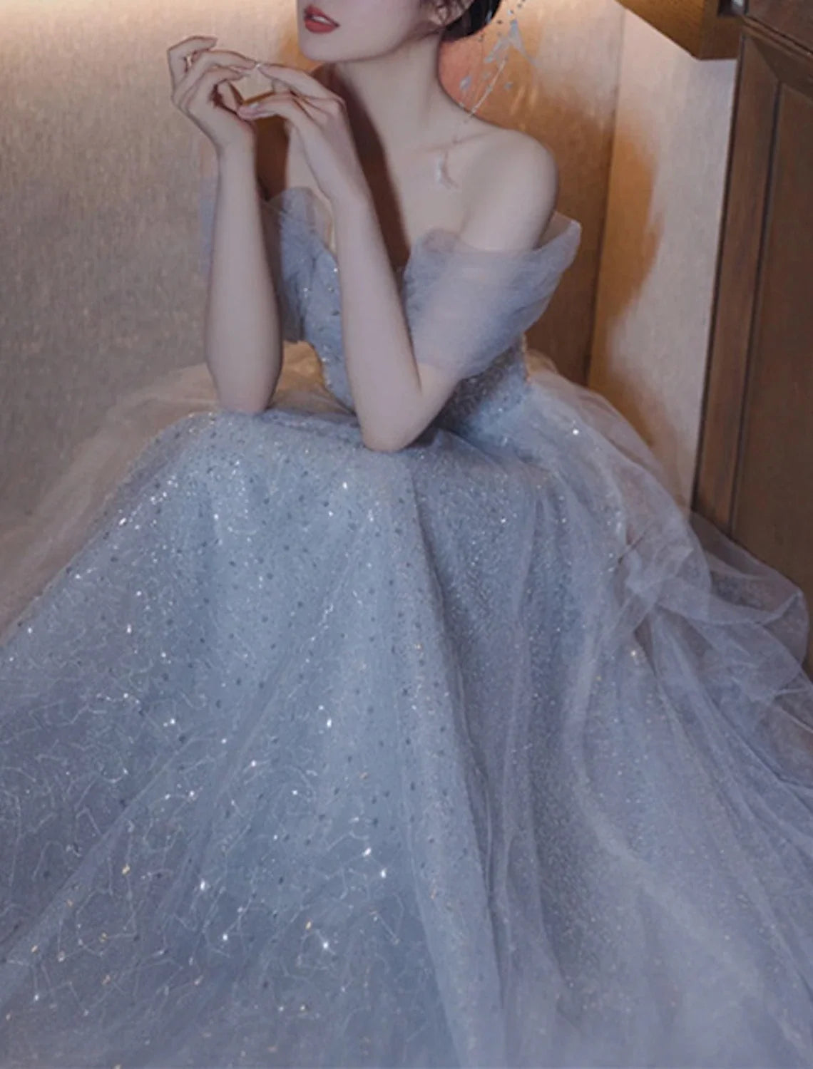 A-Line Party Dresses Sparkle & Shine Dress Wedding Guest Prom Floor Length Sleeveless Off Shoulder Sequined with Sequin