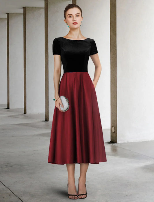 A-Line Mother of the Bride Dress Elegant Jewel Neck Tea Length Satin Velvet Short Sleeve with Pleats Color Block