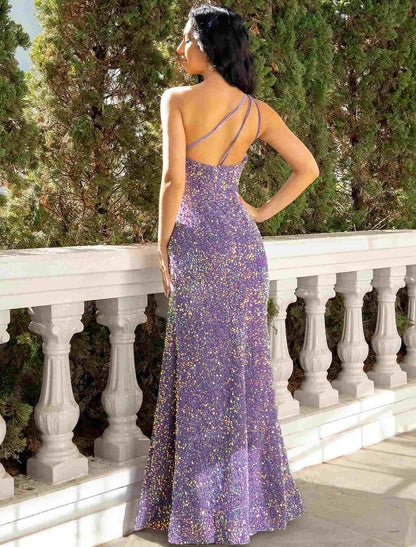 Sheath / Column Prom Dresses Sparkle & Shine Dress Party Wear Wedding Party Floor Length Sleeveless One Shoulder Sequined with Sequin Slit 2026