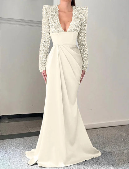 Mermaid / Trumpet Evening Gown Elegant Dress Formal Sweep / Brush Train Long Sleeve V Neck Satin with Pleats Sequin