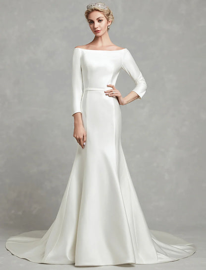 Casual Fall Wedding Dresses Mermaid / Trumpet Off Shoulder 3/4 Length Sleeve Chapel Train Satin Bridal Gowns With Pleats Summer Wedding Party Women's Clothing