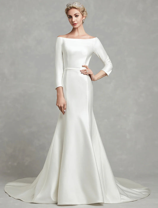 Casual Fall Wedding Dresses Mermaid / Trumpet Off Shoulder 3/4 Length Sleeve Chapel Train Satin Bridal Gowns With Pleats Summer Wedding Party Women's Clothing