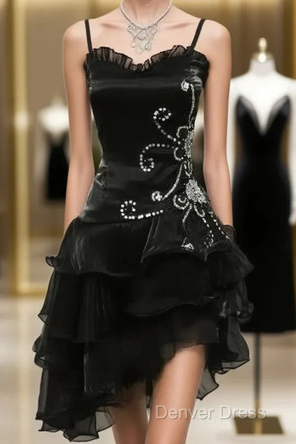 girlhomeshops--Blue/Black Delicate Floral Beaded Short Ruffled Tulle Homecoming Dress gh5635
