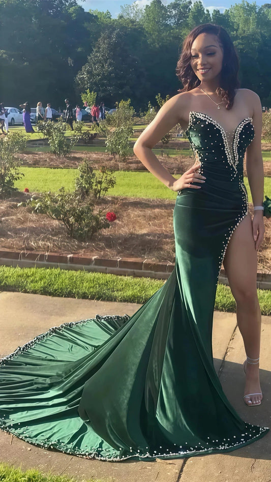 Black Girl Prom Dresses Long Mermaid Green Prom Gowns With Train
