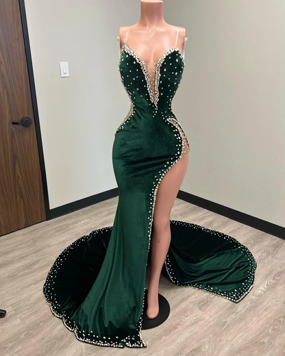 Black Girl Prom Dresses Long Mermaid Green Prom Gowns With Train