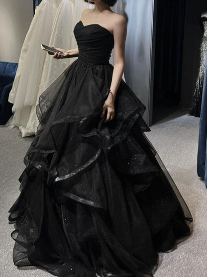 Black Sweetheart Tulle Layers Ball Gowns Prom Dress, Black Prom Dress