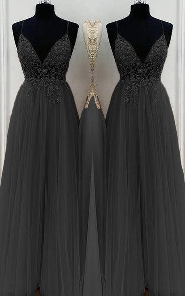 A-line/elegant beaded chiffon thin shoulder strap sleeveless floor length Prom dress