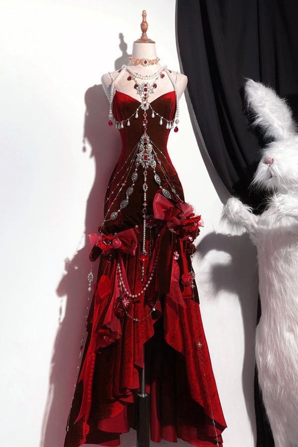 Blue/Burgundy Gorgeous Elegant Delicate Beaded Spaghetti Strap Long Ruffled Velvet Ball Gowns Prom Gowns Prom Dresses