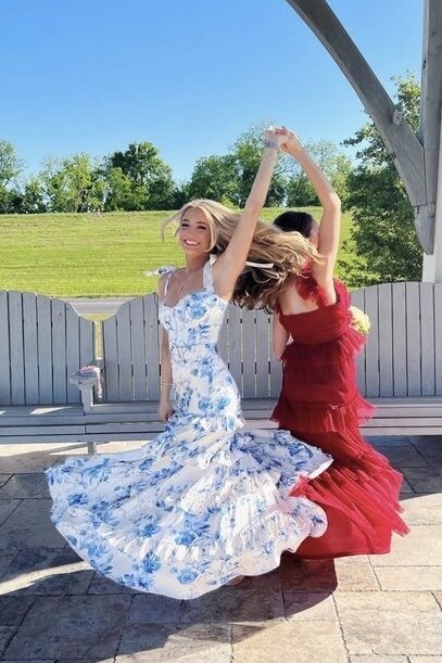 Blue Elegant A-Line Layered Chiffon Floral Backless Long Ball Gowns Prom Dress Prom Dress Graduation Dresses