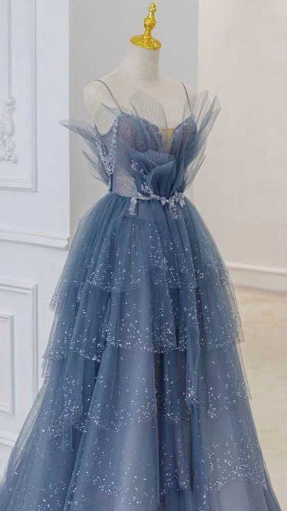 Blue Gorgeous Shiny Elegant Applique Long Tulle Ball Gowns Prom Gowns Graduation Dresses